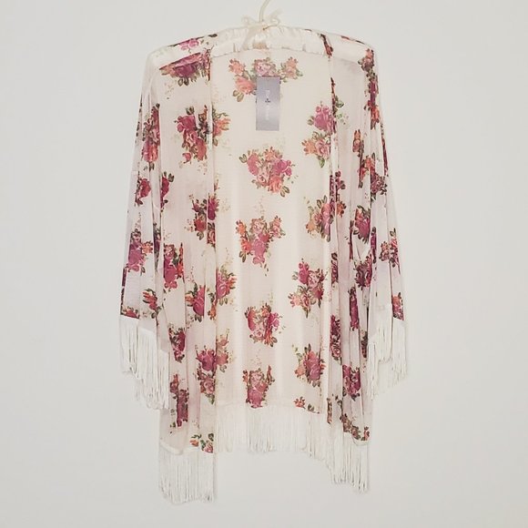 Blu Plante Cardigan Cream color with Beautiful Flower print, and cute Fringes - Picture 1 of 8